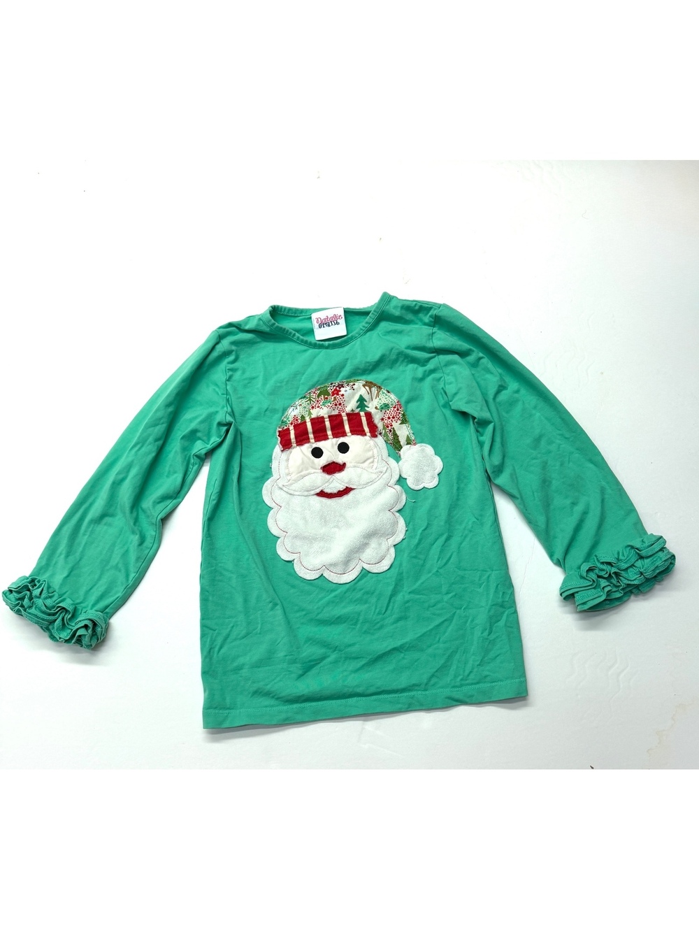 Natalie Granted Girls Green Santa Applique Ruffle Long Sleeve Top